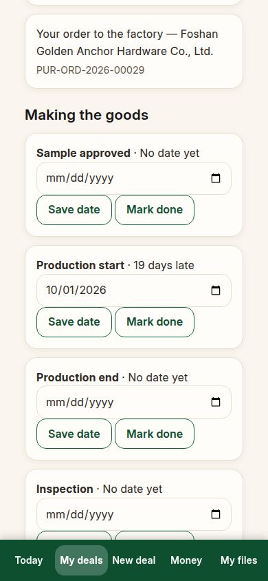 Production steps with dates, and one step shown late in plain words