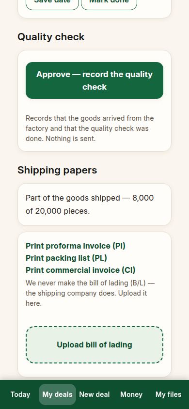 Part of the goods shipped: 8,000 of 20,000 pieces, in plain words