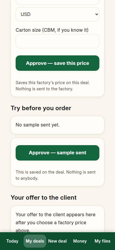 No sample sent yet, on a deal with a factory price