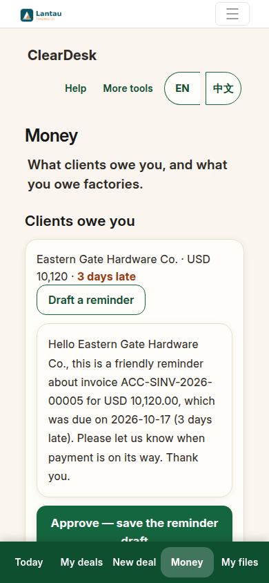 The assistant drafts a polite reminder from the invoice record