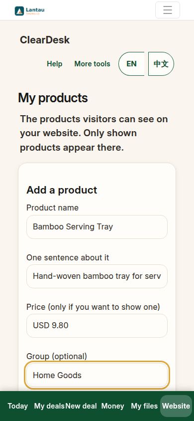Adding a product: a name, one sentence, a price, a photo