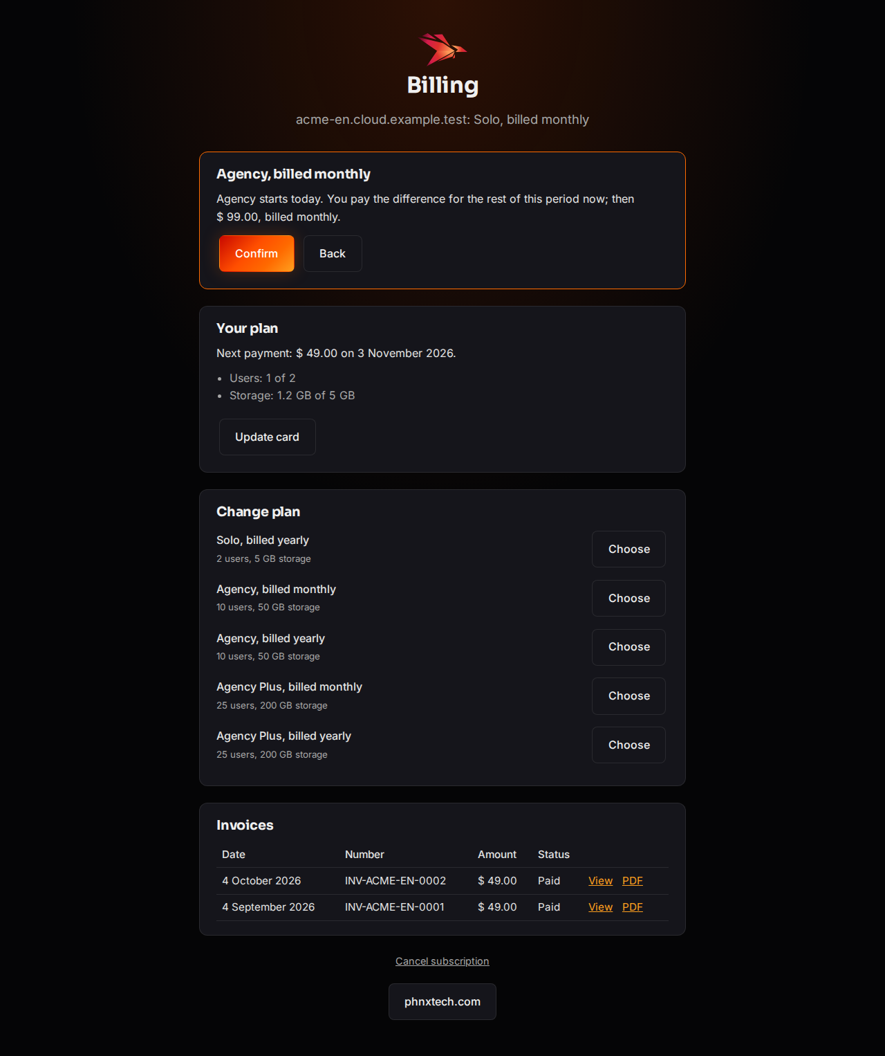 The billing page with a bigger plan chosen: what it does and what it costs, above Confirm