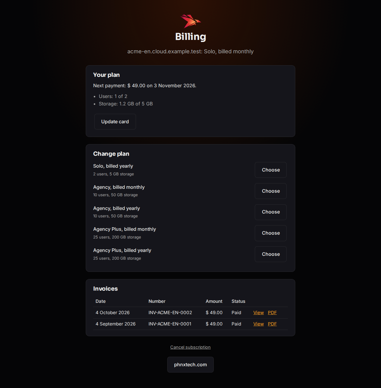 The billing page: Update card, Change plan and the invoices with View and PDF