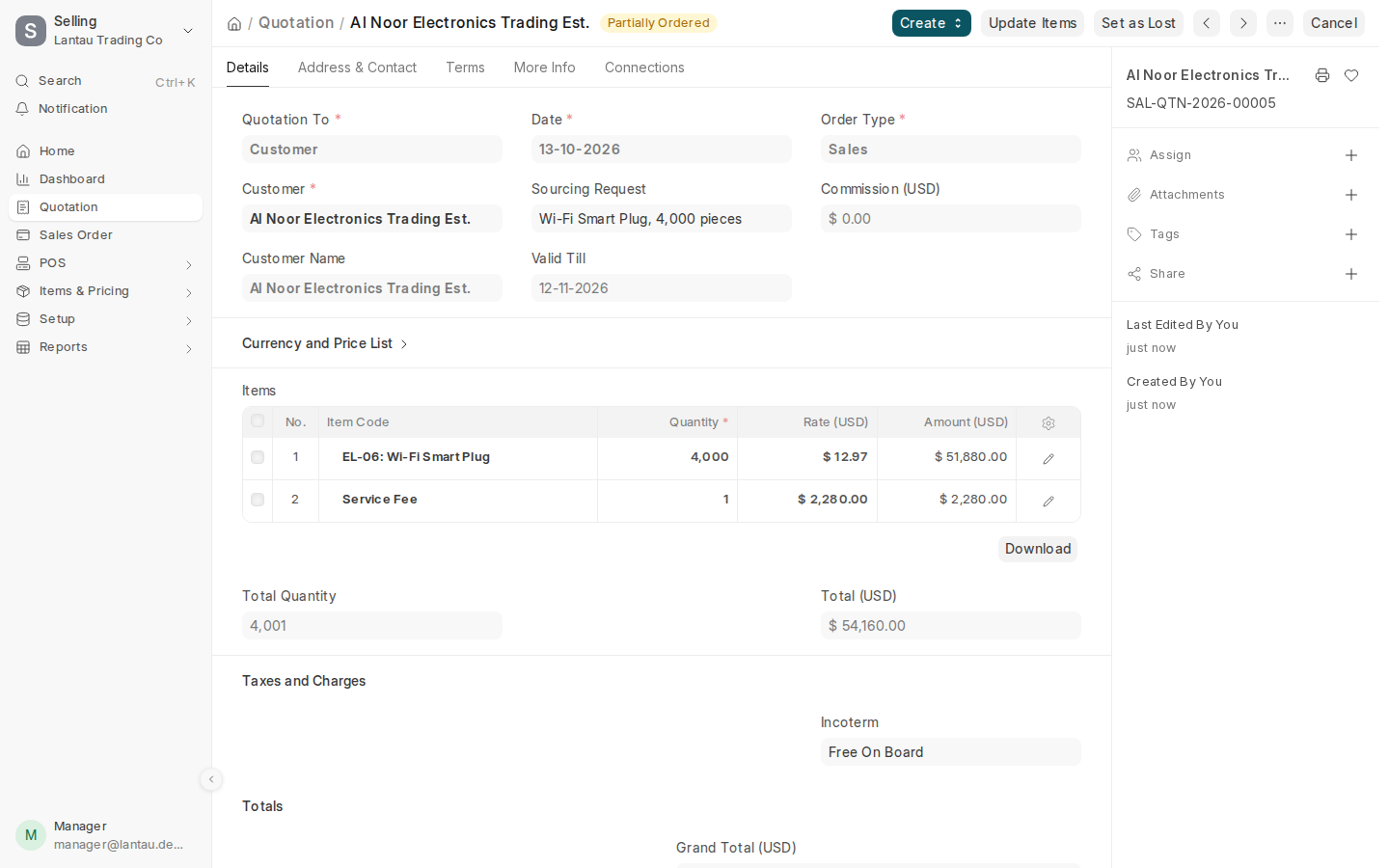 A client quotation made from a costing sheet