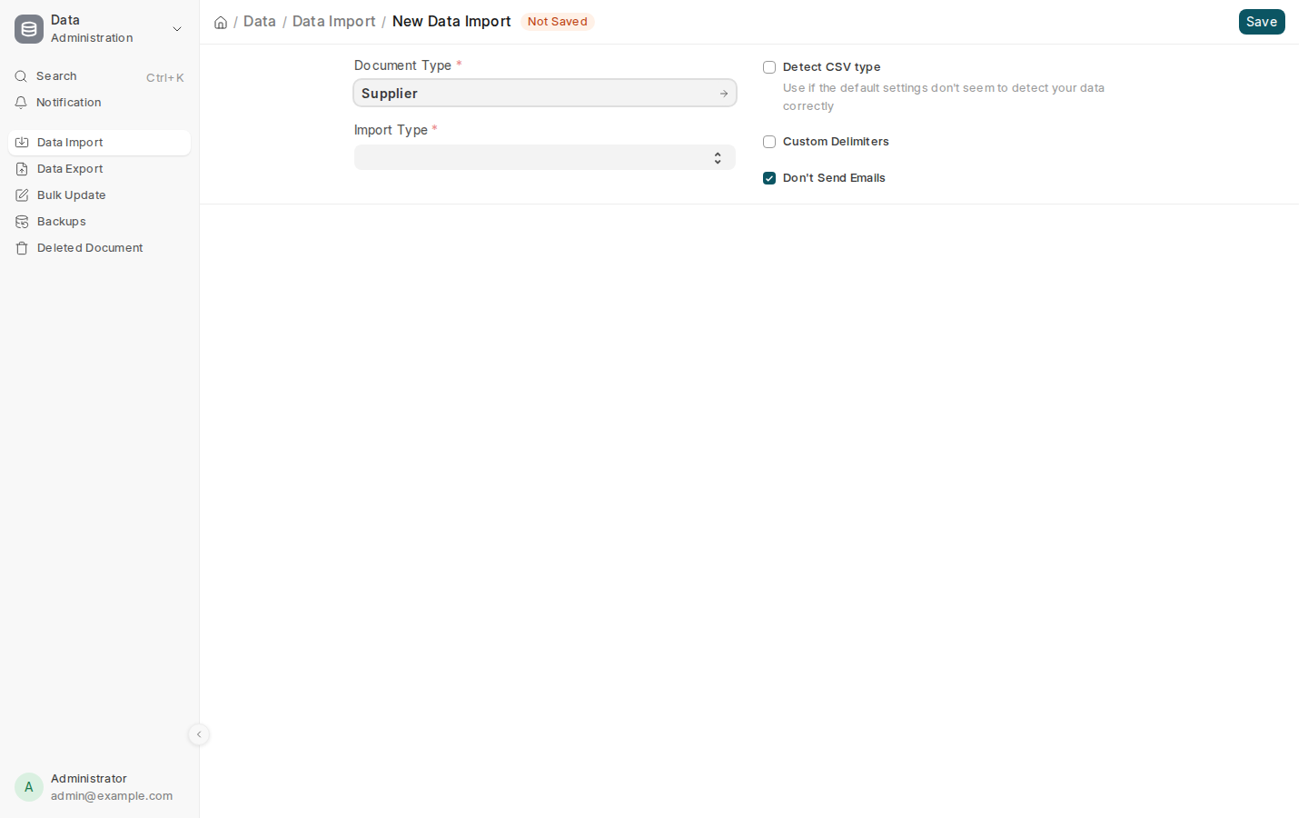 A new data import for factories (Supplier), before the file is attached