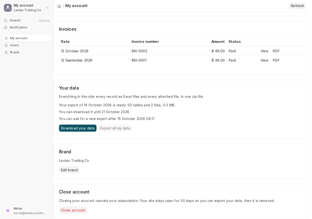 The Your data card with an export ready to download, and the Close account card