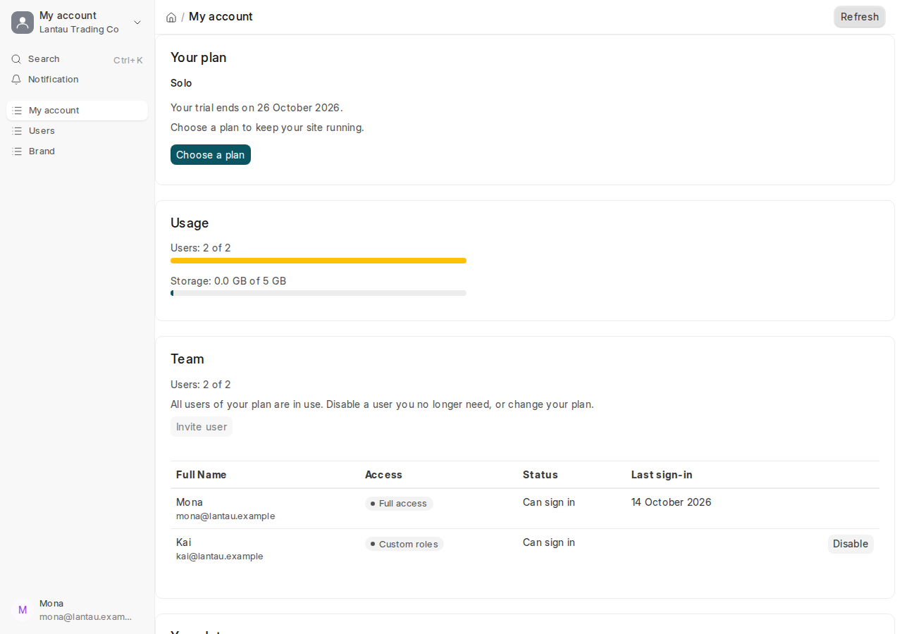 My account during the trial: the trial's end and Choose a plan on the Your plan card