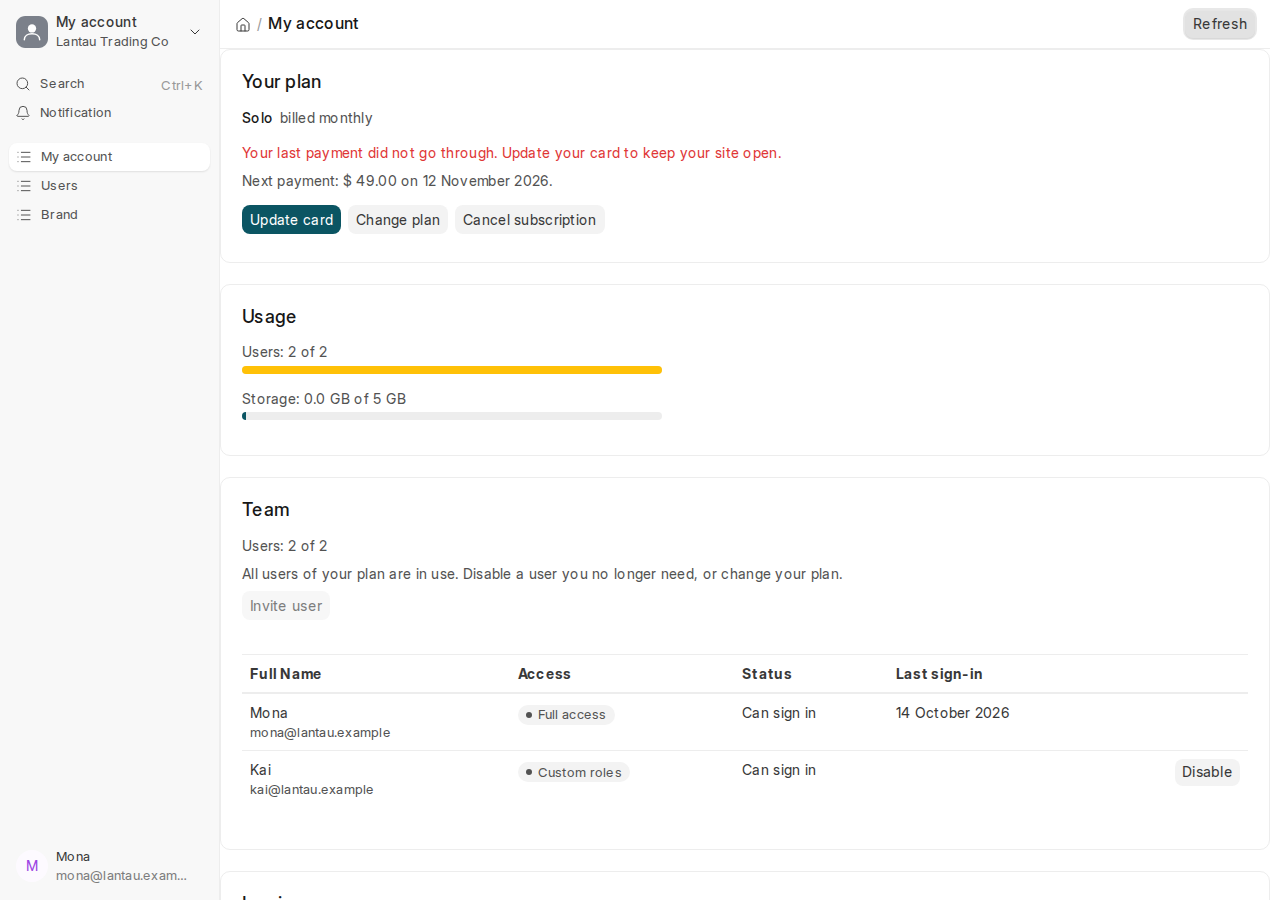 My account after a failed payment: the red line and Update card on the Your plan card