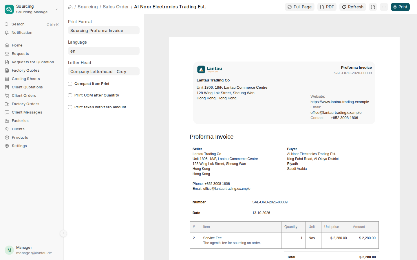 The proforma invoice the client receives