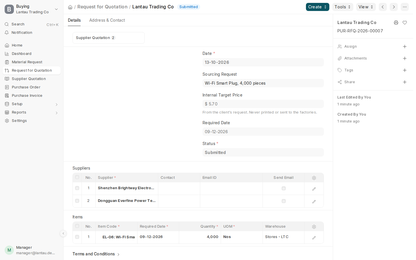 A submitted request for quotation