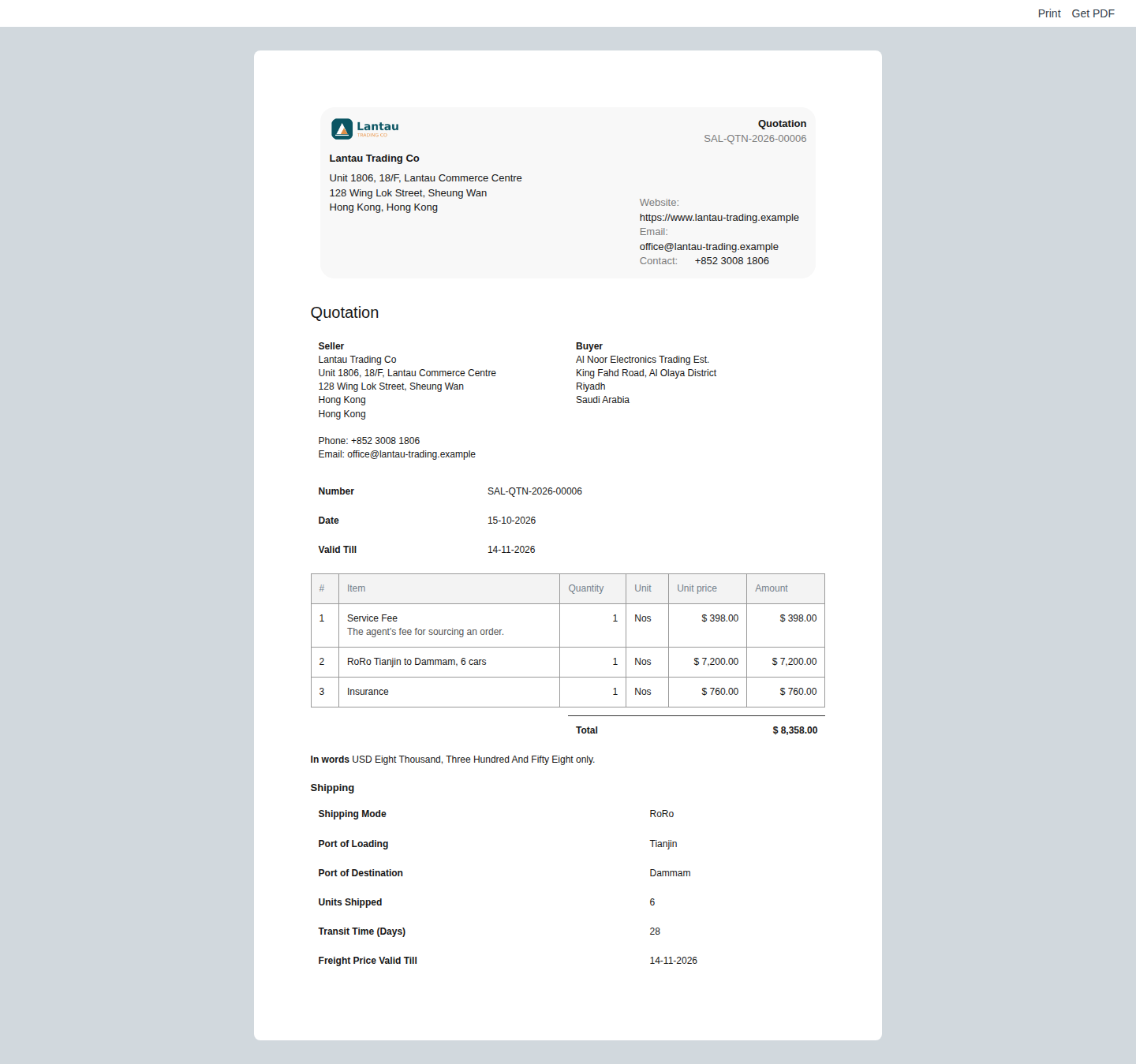 The shipping-only quotation's print: the fee, the freight and the insurance, then the Shipping section