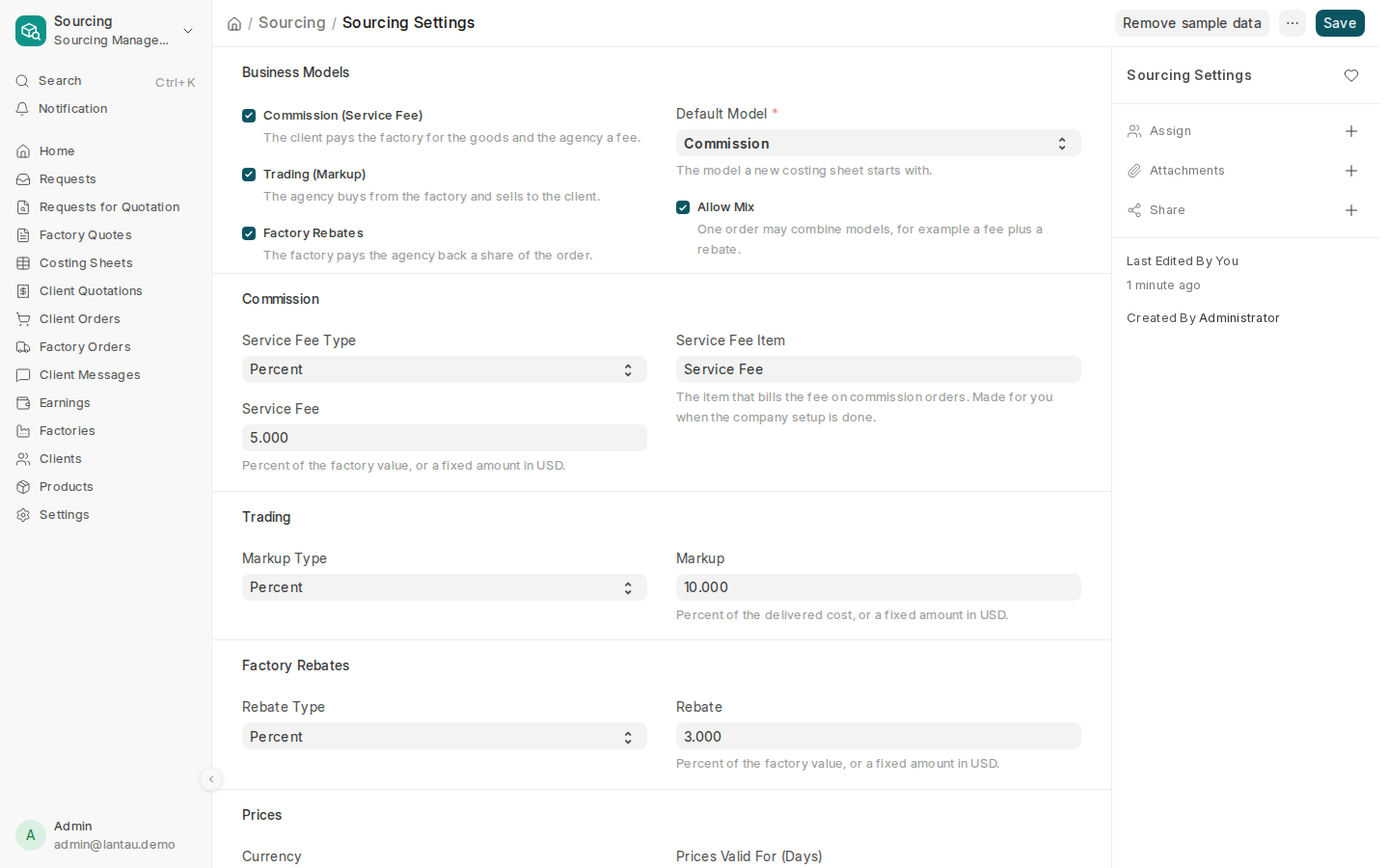 Sourcing Settings with the business models and the default rates
